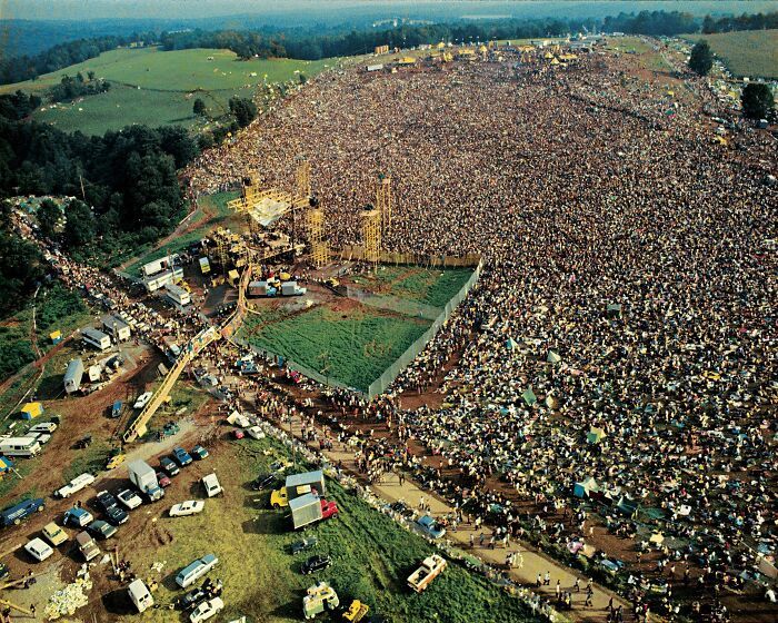 Aerial View Of Over 400,000 People At The Woodstock, 1969